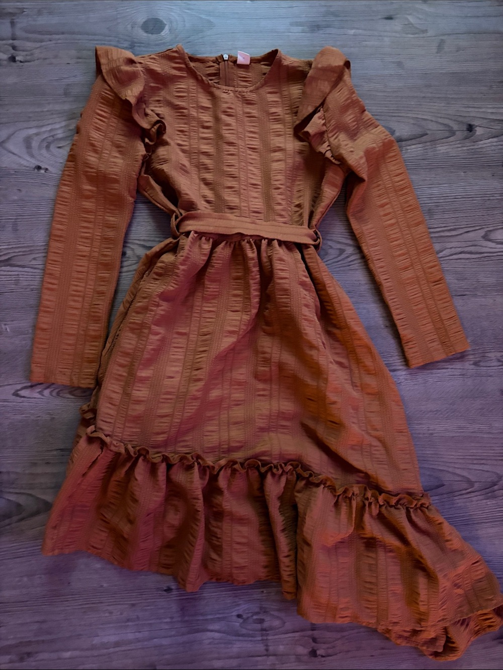 Kids Ruffle Long Sleeve Dress - Burnt Orange
